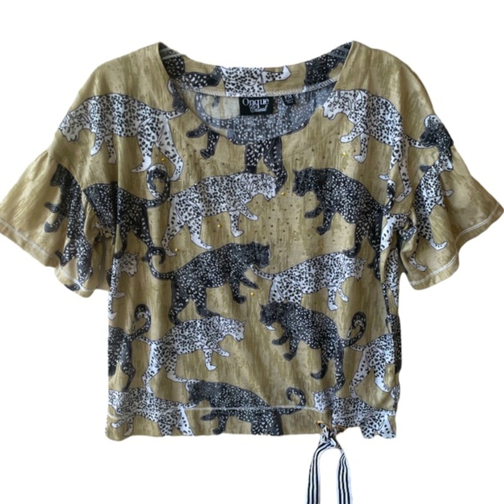 Onque Leopard Top M Animal Print Crystals Burnout Short Sleeve NWOT
